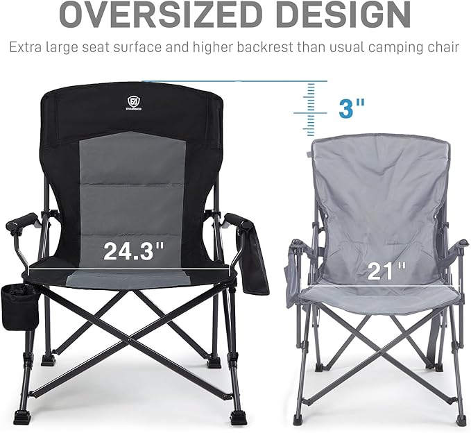 EVER ADVANCED Oversized Folding Camping Chair for Adults, Heavy Duty Lawn Chair with Side Pockets, Portable Collapsible Quad Chair for Outside, Support Up to 500lbs, Black 2PACK - Image 3