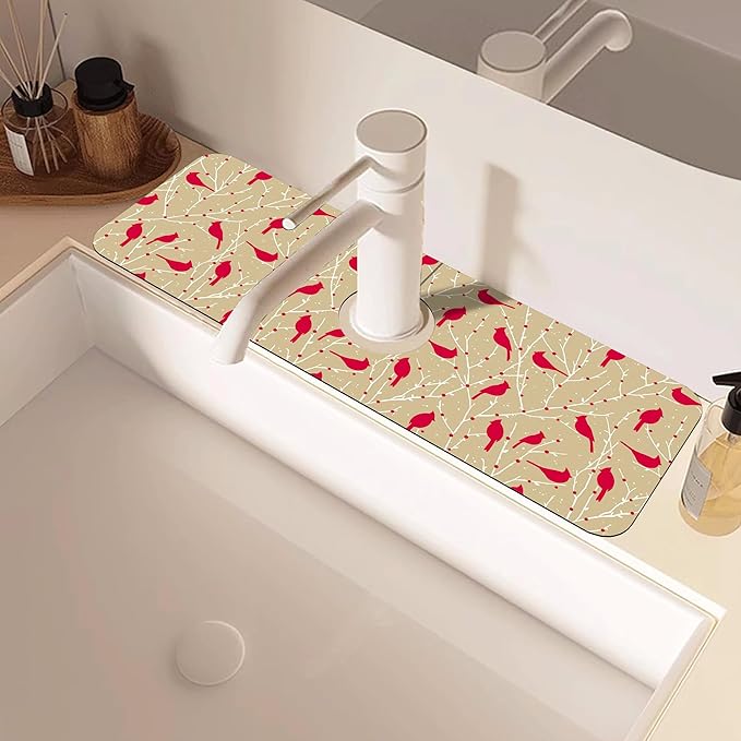Christmas Cardinal Birds Kitchen Sink Splash Guard Mat Absorbent Fast Drying - Image 2