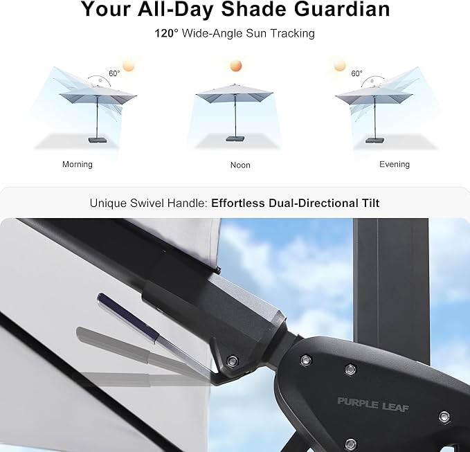 PURPLE LEAF 10 Feet Patio Umbrella with Base Outdoor Cantilever Solar Powered LED Swivel Square Umbrella Aluminum Offset Umbrella with 360-degree Rotation for Garden Deck Pool Patio White - Image 4