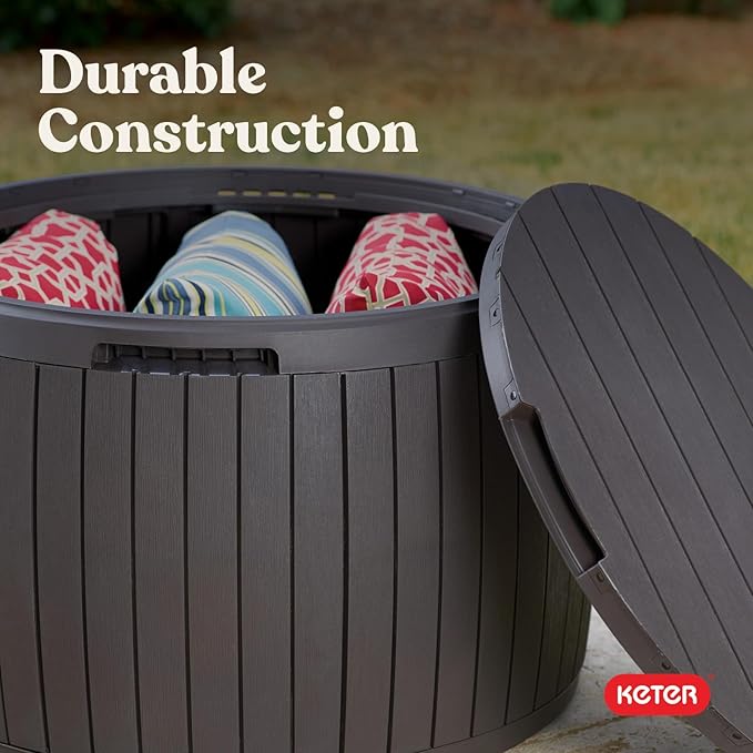 Keter Circa 37 Gallon Deck Box Organizer, Works as Ottoman Chair or Side Table, Brown – Large Resin Round Outdoor Storage and Seating for Garden, Pool, and Patio - Image 11