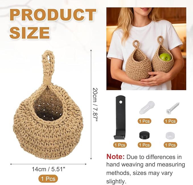 uxcell Hanging Fruit Baskets for Kitchen, Hand-Woven Wall Hanging Storage Jute - Image 2