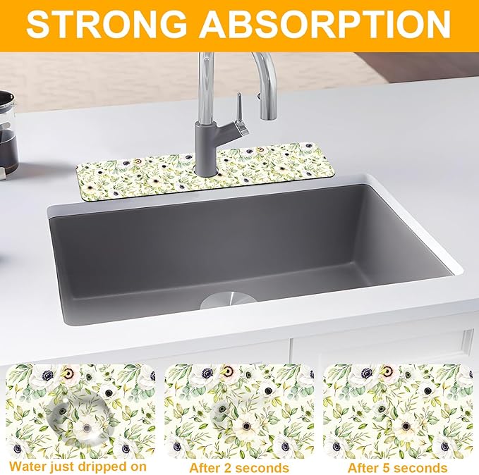 2 Pack Watercolor Floral Sink Faucet Absorbing Mat White Pink Flowers Super - Image 5