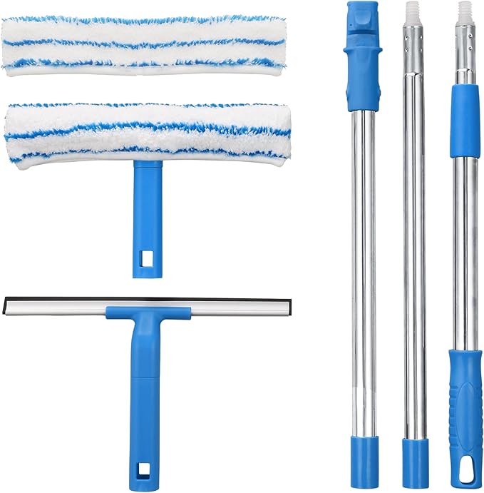 Window Cleaner with Long Handle, Glass Cleaning Tools with Silicone Squeegee & by Mitclear