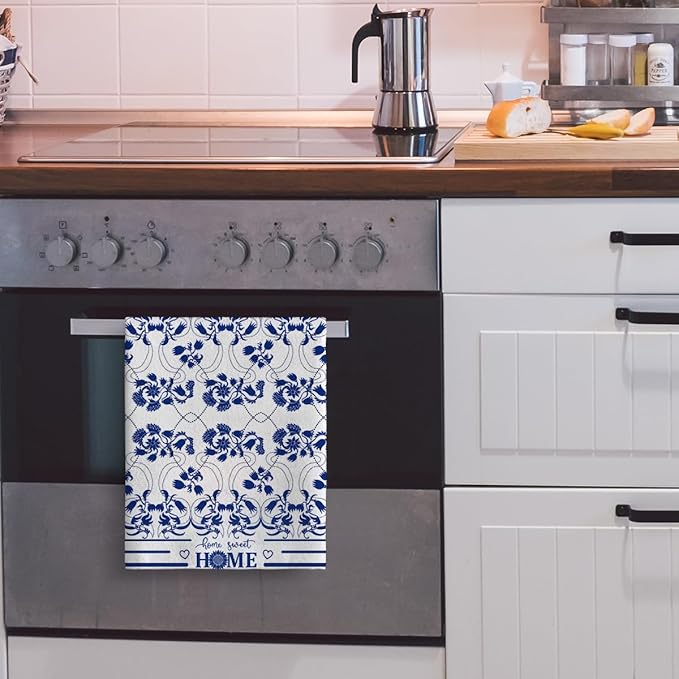 Blue Kitchen Towels Decorative Set of 2, Absorbent Boho Floral Dish Towels - Image 5