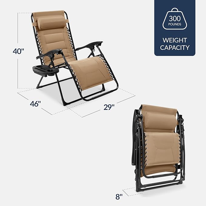 Best Choice Products Oversized Padded Zero Gravity Chair, Folding Outdoor Patio Recliner, XL Anti Gravity Lounger for Backyard w/Headrest, Cup Holder, Side Tray, Polyester Mesh - Beige - Image 2