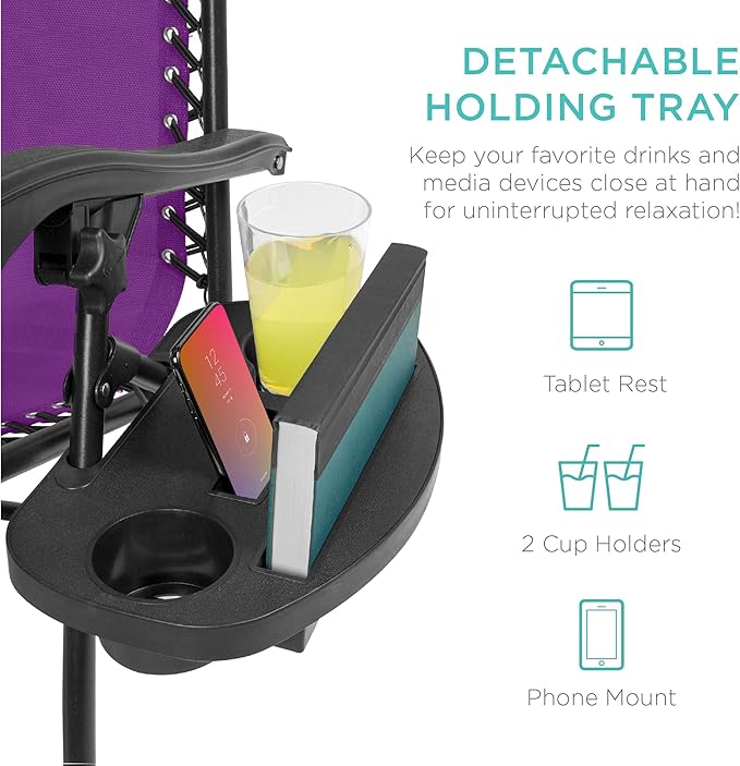 Best Choice Products Set of 2 Adjustable Steel Mesh Zero Gravity Lounge Chair Recliners w/Pillows and Cup Holder Trays - Amethyst Purple - Image 6