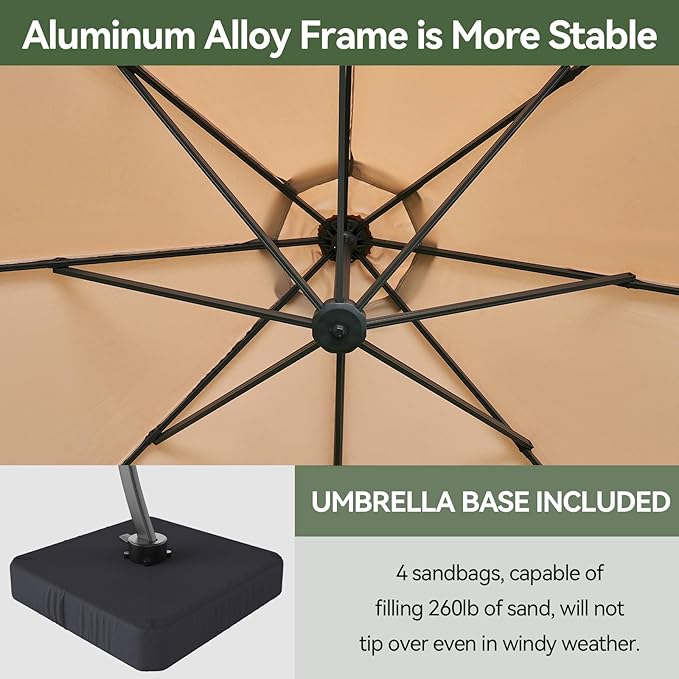 Aoxun 11 FT Cantilever Umbrella with Base Included, Patio Large Aluminum Offset Umbrella Windproof with 360°Rotation, Heavy Duty Frame for Outdoor, Pool, Deck and Garden - Image 3