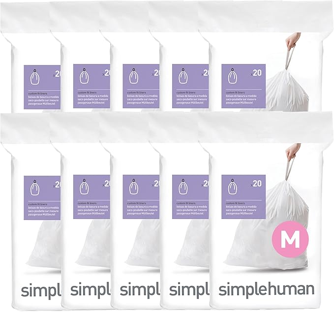 simplehuman Code M 200 Count, Dispenser Pack Custom Fit Liners, Drawstring by Simplehuman