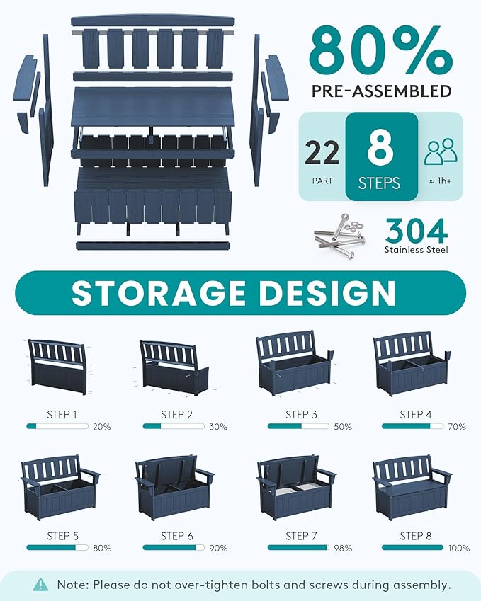 SERWALL HDPE Outdoor Storage Bench, All-Weather, UV-Resistant Deck Box with Waterproof Storage Bags, 57 Gallon Dual-Use Seat & Organizer Deck Boxes for Patio, Garden Tools & Pool (Navy Blue) - Image 6