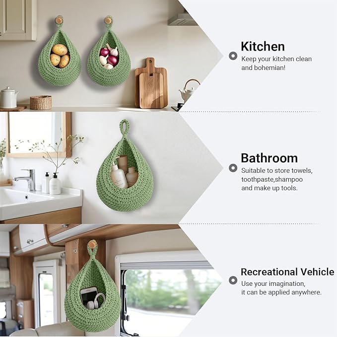 Halidali Hanging Fruit Baskets for Kitchen, 3 Pack Boho Cotton Rope Handwoven - Image 5