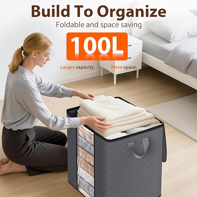 SpaceWhisper 4 Pack 100L Clothes Storage, Foldable Thick Fabric Blanket Storage - Image 5