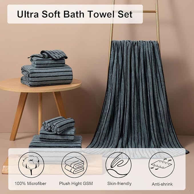 8 Pcs Grayish Blue Cabana Stripe Large Bath Towel Oversized Bath Sheet-2 - Image 2