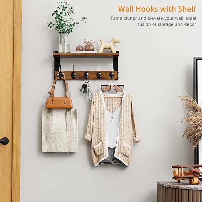 Wall Hooks with Shelf, Wood Coat Rack with Shelf Wall-Mounted, Entryway Hanging - Image 2