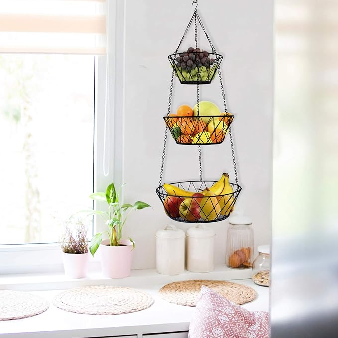 Heavy Duty - 3 Tier Hanging Kitchen Black Fruit Basket - Image 6