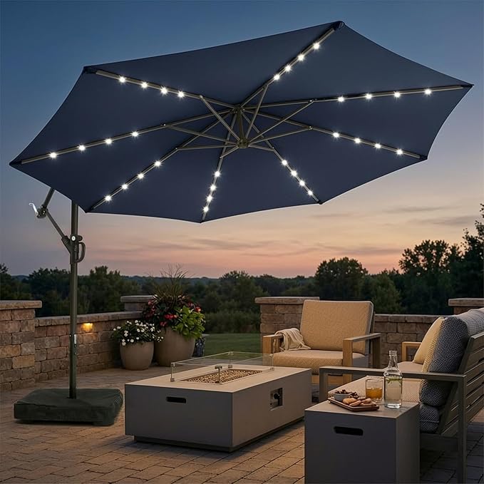 wikiwiki 10ft Solar LED Patio Umbrella with Base Included, Offset Umbrella with Weighted Sandbag Base, Cantilever Patio Umbrella for Backyard, Garden & Deck, 32 LED Lights & Polyester Shade, Navy Blue by WikiwikiPatioUmbrellas