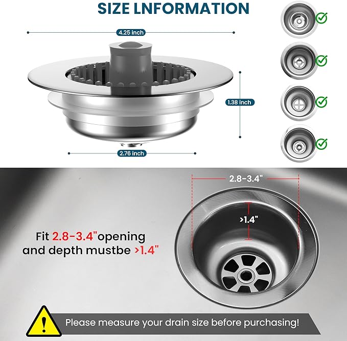 3-in-1 Kitchen Sink Strainer & Stopper, Stainless Steel Finish Pop Up Drain - Image 7