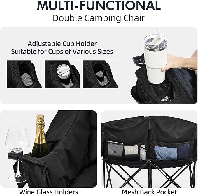 Double Camping Chair Padded Loveseat Chair for 2 Person - Heavy Duty Oversized Camping Couch for Adults Outdoor Sports Lawn Beach Portable Folding XL Chairs with Cup Holders and Carry Bag, All Black - Image 4