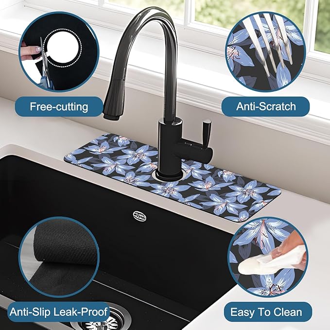 Blooming Lily Sink Faucet Absorbing Mat Blue Lily Flowers Super Absorbent Fast - Image 4
