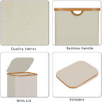 100L Laundry Hamper with Lid, Lagre Basket with Bamboo Handles, Foldable - Image 6