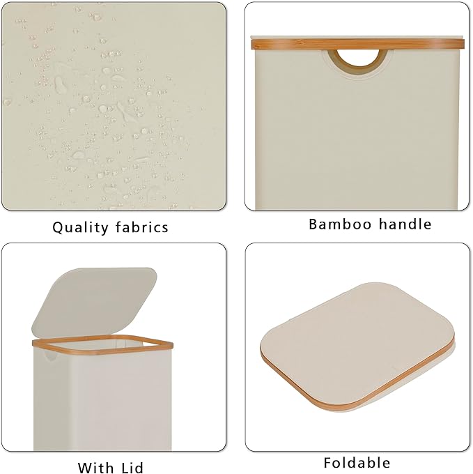 100L Laundry Hamper with Lid, Lagre Basket with Bamboo Handles, Foldable - Image 6