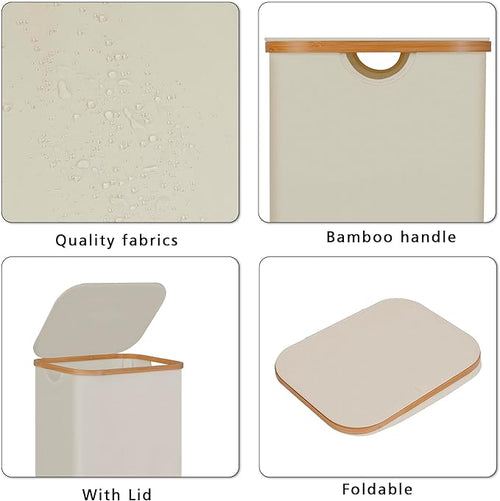 100L Laundry Hamper with Lid, Lagre Basket with Bamboo Handles, Foldable - Image 2