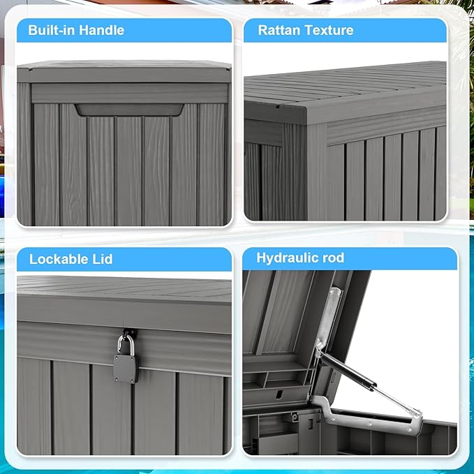 TARKARI 200 Gallon Lockable Resin Deck Box, Waterproof & UV-Resistant Outdoor Storage Box for Outdoor Cushion Storage, Garden Tools & Pool Accessories Storage, Gray - Image 6