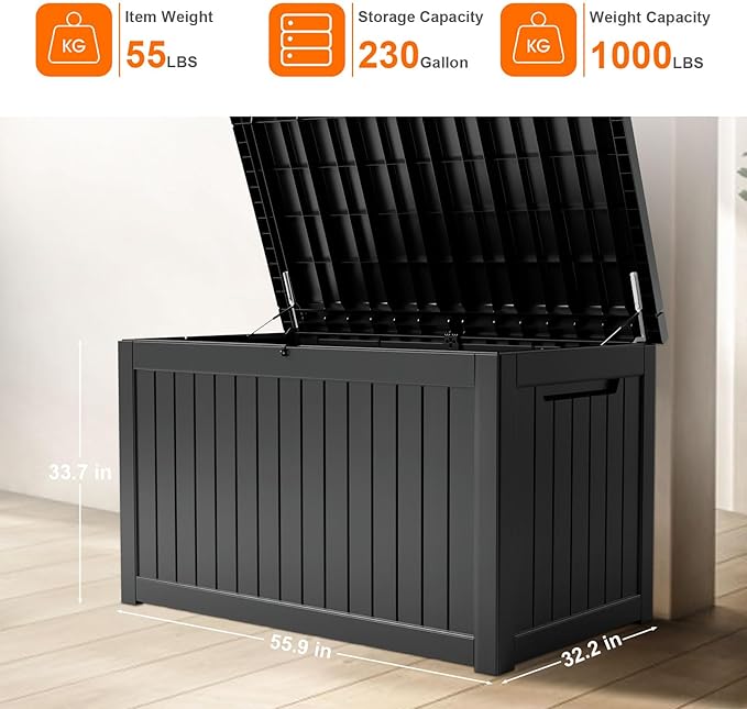 230 Gallon Resin Deck Box, Lockable Patio Outdoor Storage Box for Furniture, Garden Tools and Tools Storage, Waterproof Outside Storage Boxes - Black - Image 3