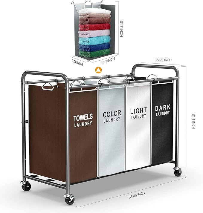 ROMOON Laundry Hamper Sorter Cart: 4-Section Organizer - Image 6