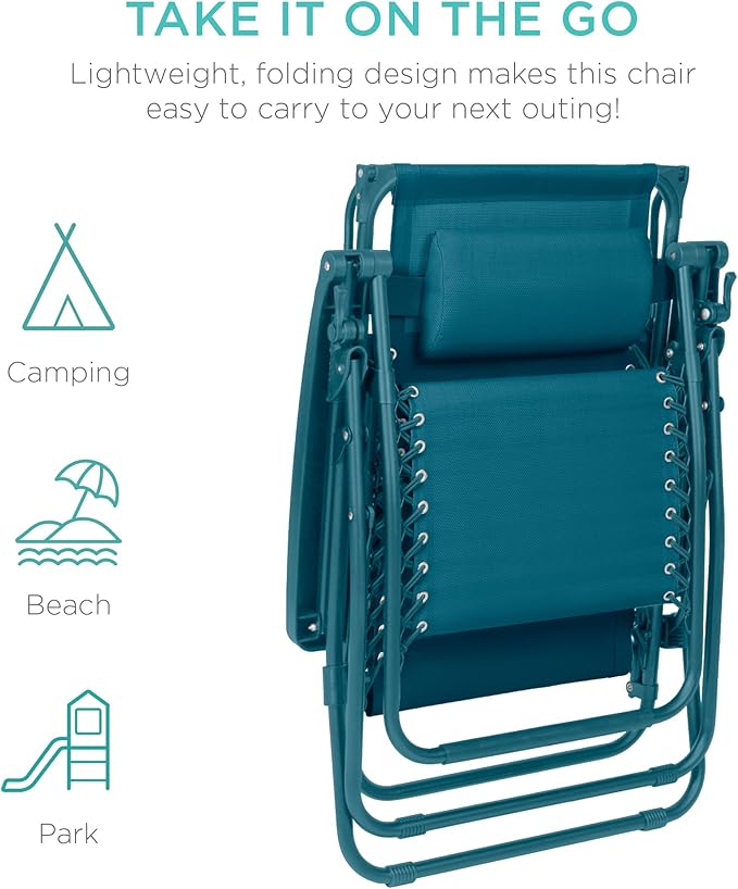 Best Choice Products Folding Zero Gravity Outdoor Recliner Patio Lounge Chair w/Adjustable Canopy Shade, Headrest, Side Accessory Tray, Textilene Mesh - Peacock - Image 7