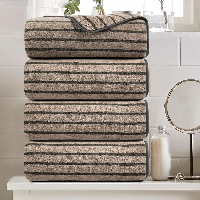 Oliven 4 Piece Brown Cabana Stripe Large Bath Towels Oversized Bath Sheet Super by Oliven