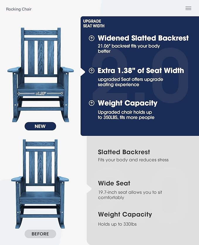 KINGYES Oversized Outdoor Rocking Chair Set of 8, All-Weather Patio Rocking Chairs for Porch, HDPE Outdoor Patio Rockers with High Back & Wide Seat for Garden, Lawn, Blue - Image 4