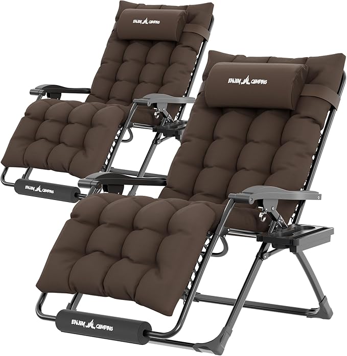 UDPATIO Oversized Zero Gravity Chair Set of 2, 29In XL Patio Reclining Chair with Cushion, Outdoor Folding Recliner with Pillows|Cup Holder|Foot Rest|Padded Headrest, Brown Grey, Support 500LB by UDPATIO
