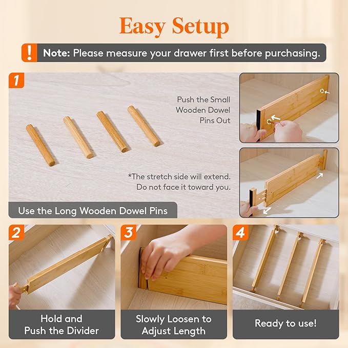 Lifewit 4" High 5 Pack Bamboo Drawer Dividers 43-54cm/17-21.5" Adjustable - Image 6