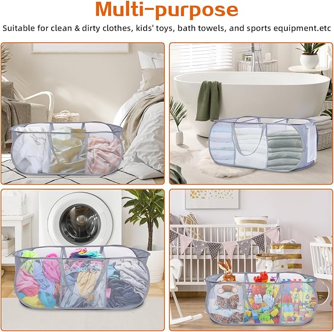 Durable Collapsible Foldable Pop Up Laundry Hamper, Sturdy 3 Compartments - Image 7