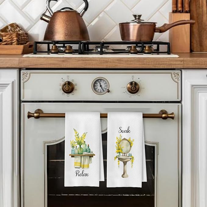 Farmhouse Yellow Botanical Bathroom Hand Towels, Relax Breathe Soak Unwind - Image 3