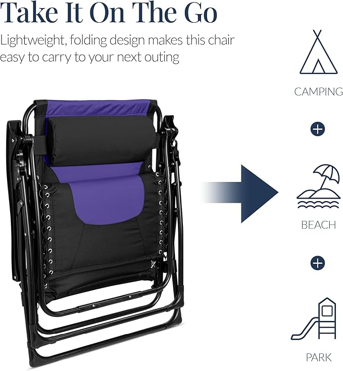 Best Choice Products Oversized Padded Zero Gravity Chair, Folding Outdoor Patio Recliner, XL Anti Gravity Lounger for Backyard w/Headrest, Cup Holder, Side Tray, Polyester Mesh - Black/Purple - Image 6