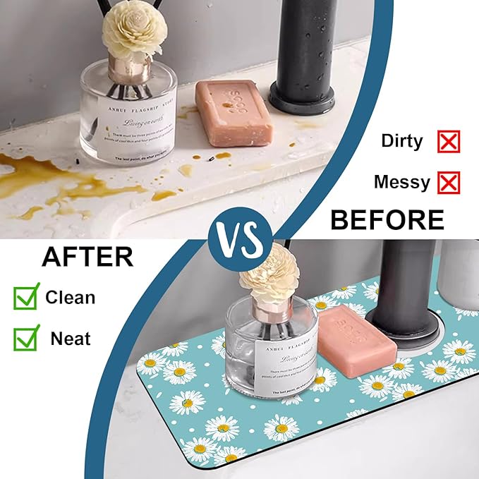 Cute Daisy Sink Faucet Absorbing Mat White Daisies Super Absorbent Fast Drying - Image 6