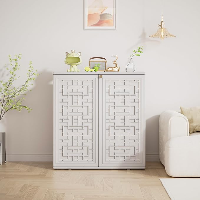Indoor Outdoor Storage Cabinet Waterproof with Shelf, Off White Plastic Outdoor Cabinets for Patio/Garden/Backyard, Size 34.3''L*15''W*36.2''H - Image 3