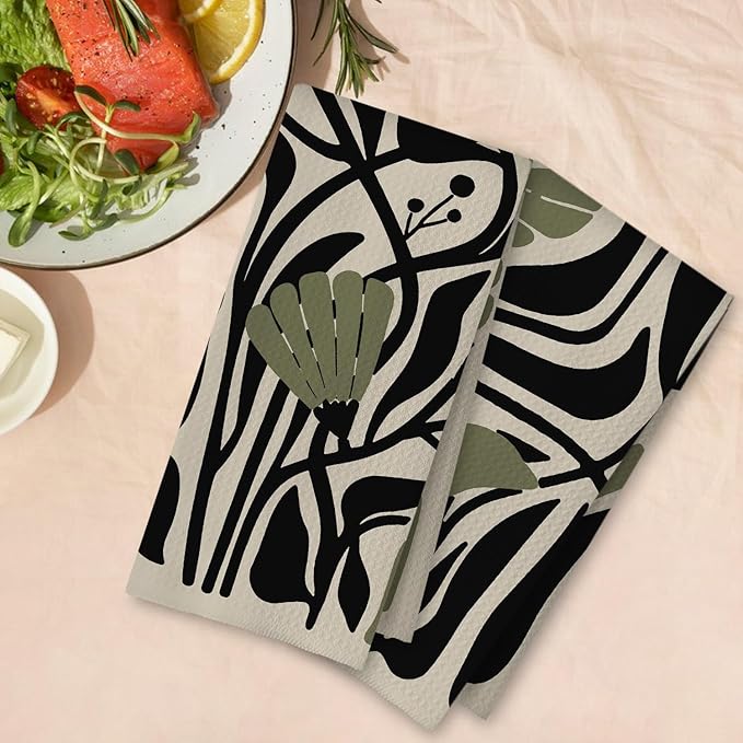 Abstract Dark sage Green and Black Boho Floral Kitchen Towels Set of 2 - Image 4