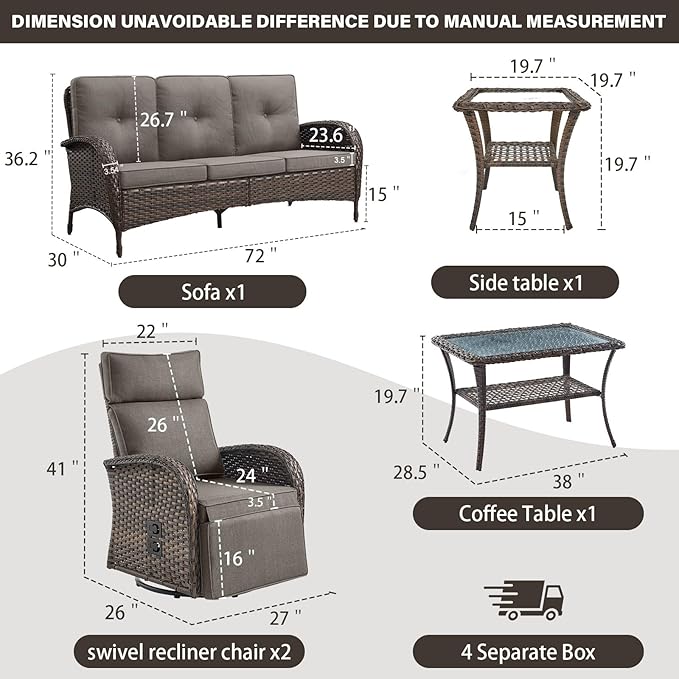 5 Piece Patio Furniture Set with Swivel Recliner Chair - Removable Outdoor Patio Couch Set, Chaise Lounge Chair Outdoor with Adjustable Backrest and Footrest and Coffee Table for Casual Gathering - Image 2