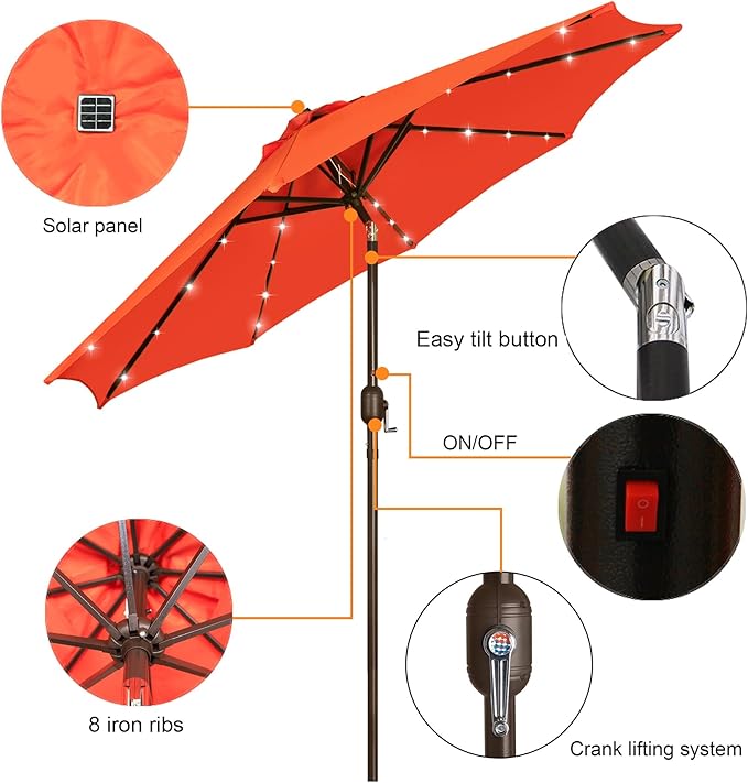 Blissun 9 ft Solar Umbrella, 32 LED Lighted Patio Umbrella, Table Market Umbrella, Outdoor Umbrella for Garden, Deck, Backyard, Pool and Beach (Orange) - Image 2