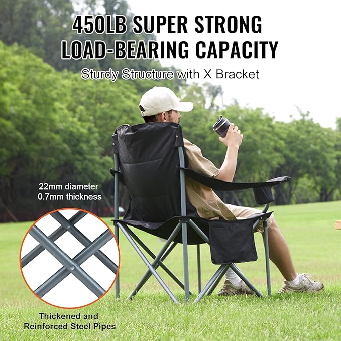 VEVOR Oversized Camping Folding Chair, Portable Heavy Duty Outdoor Quad Lumbar Back Padded with Side Pockets, Cup Holder and Cooler Bag for Beach, Lawn, Picnic, Fishing, Backpacking, Black - Image 5