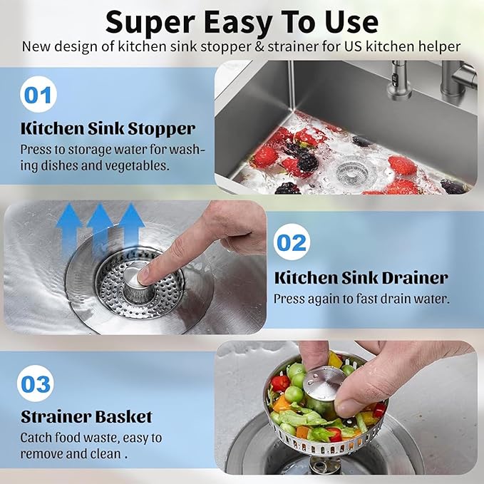 3-in-1 Kitchen Sink Drain Strainer & Sink Stopper 2 Pack : 304 Stainless Steel - Image 6
