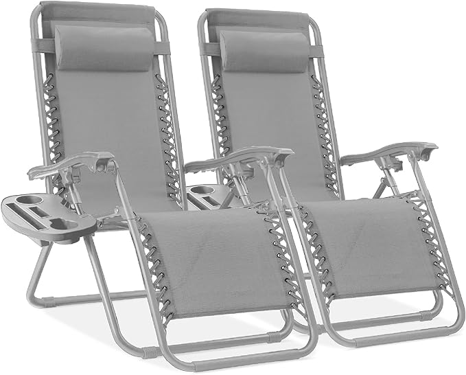 Best Choice Products Set of 2 Adjustable Steel Mesh Zero Gravity Lounge Chair Recliners w/Pillows and Cup Holder Trays - Dove Gray by BestChoiceProducts