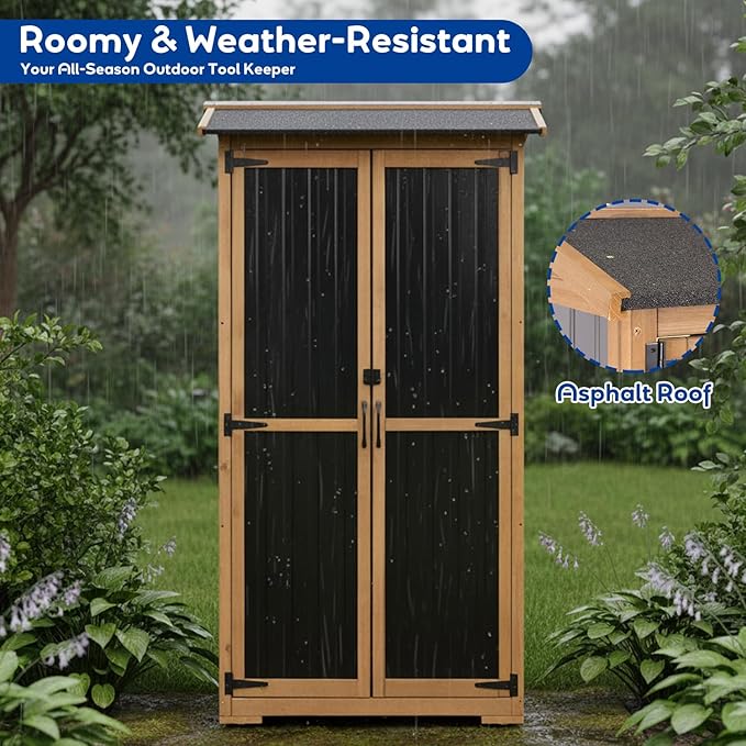 Outdoor Storage Cabinet Weather-Resistant, Wood & Metal Storage Shed with 3 Removable Shelves, Waterproof Roof, Adjustable Feet, Patio Storage Cabinet Outside for Garden Garage Backyard Pool - Image 8