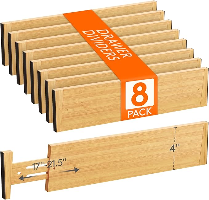 Lifewit 4" High 8 Pack Bamboo Drawer Dividers 43-54cm/17-21.5" Adjustable by Lifewit
