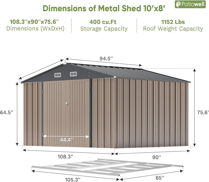 Patiowell 10 x 8 FT Outdoor Storage Shed with Floor Frame, Large Garden Tool Metal Shed with Sloping Roof and Double Lockable Door for Backyard Garden Patio Lawn,Brown - Image 6
