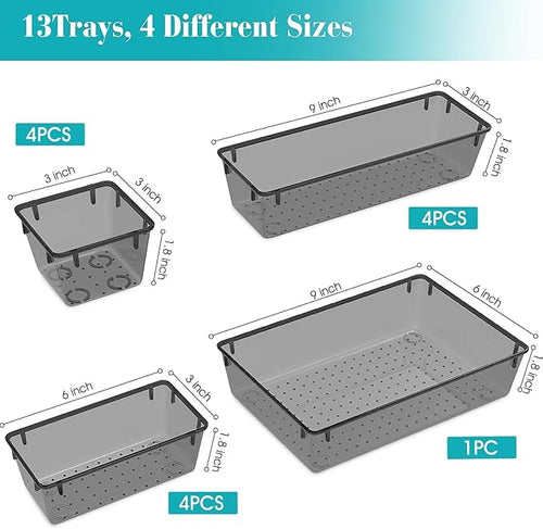 13 PCS Clear Plastic Drawer Organizers Set, 4 Size Desk Drawer Organizer Trays - Image 2