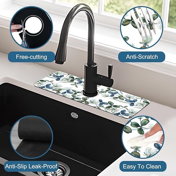 Watercolor Garland Flower Sink Splash Guard Faucet Mat Clover Leaves Super - Image 4