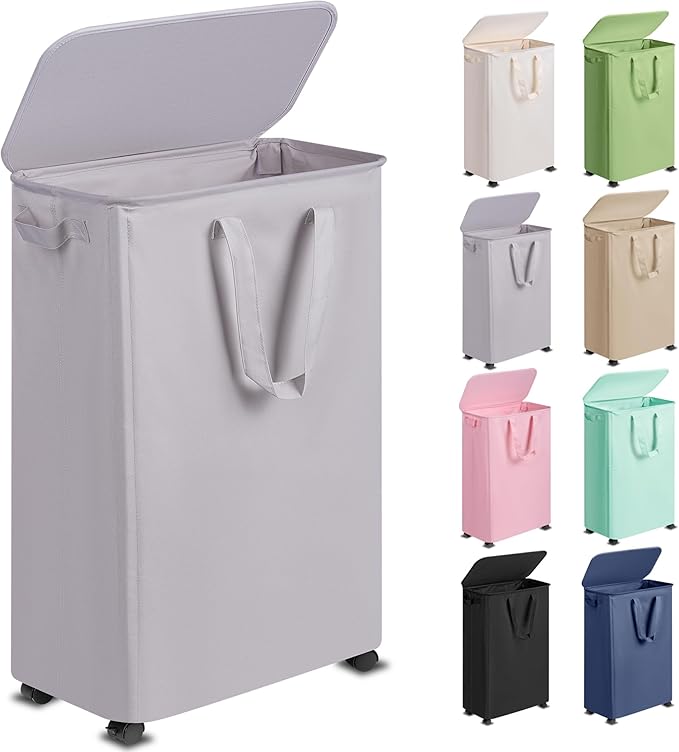 Slim Laundry Hamper with Lid and Wheels, Small Rolling Laundry Basket with by Vincona